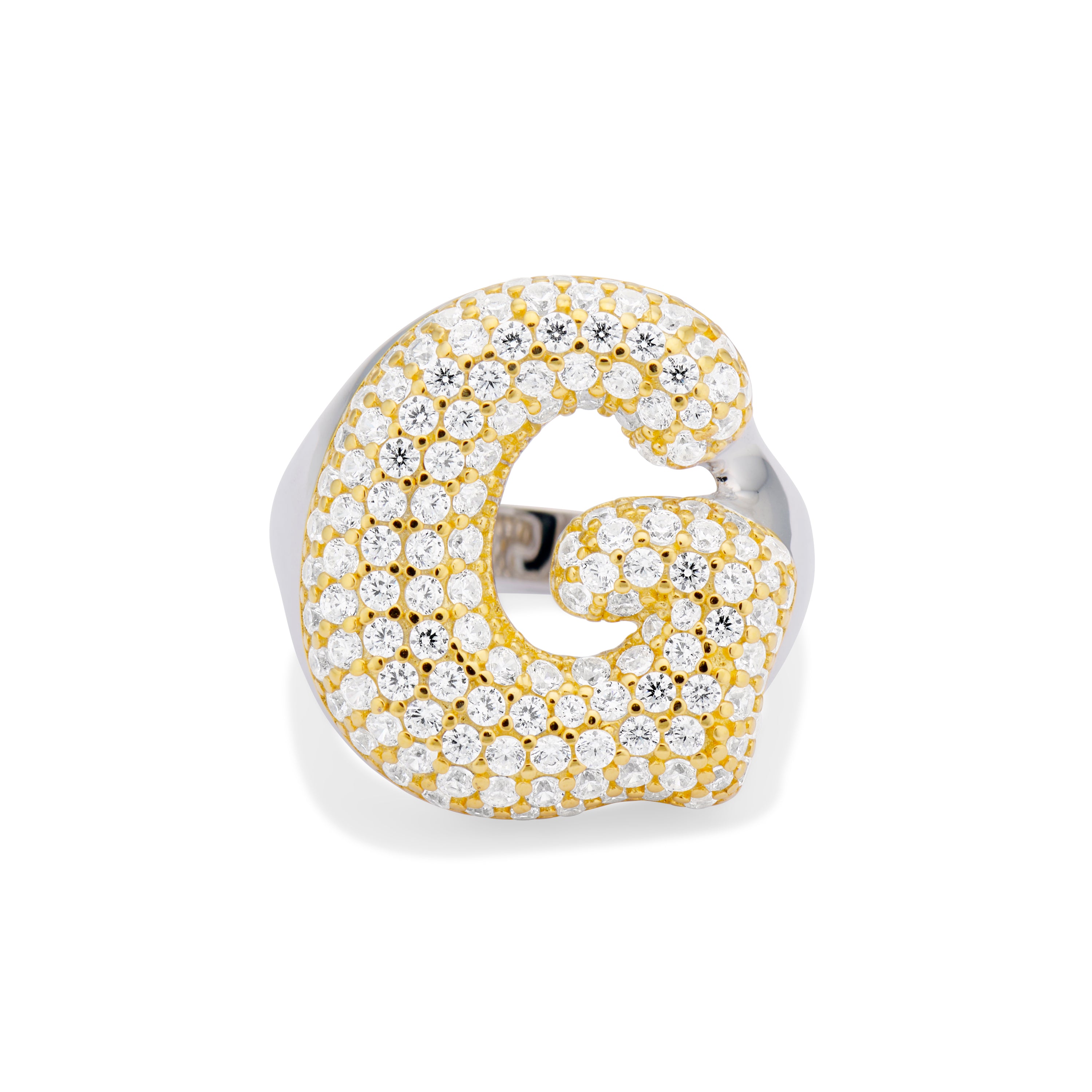 Iced Jumbo Letter Ring with a gold CZ letter G on a silver band