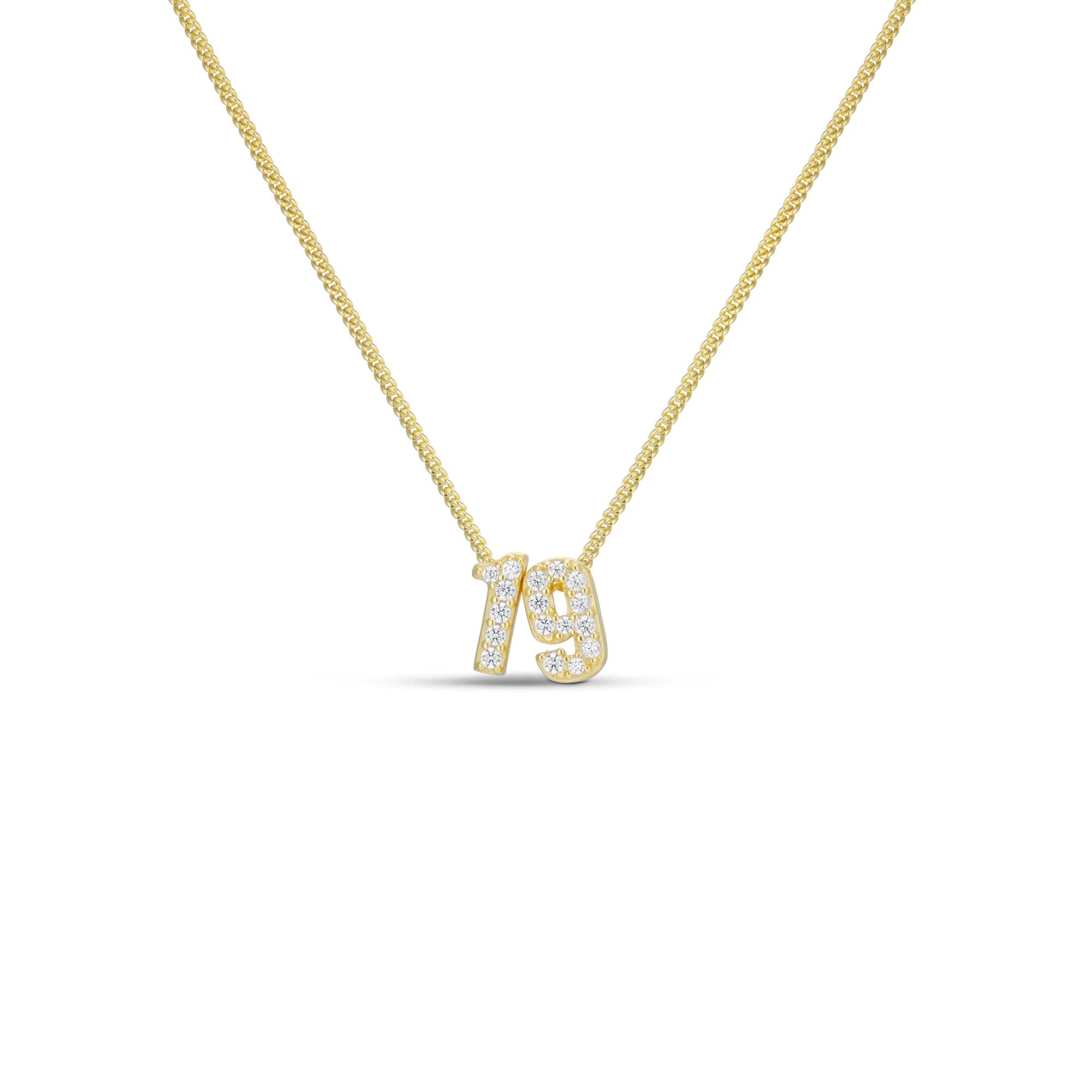 Baby CZ Double Digit Number Necklace in gold, number 19