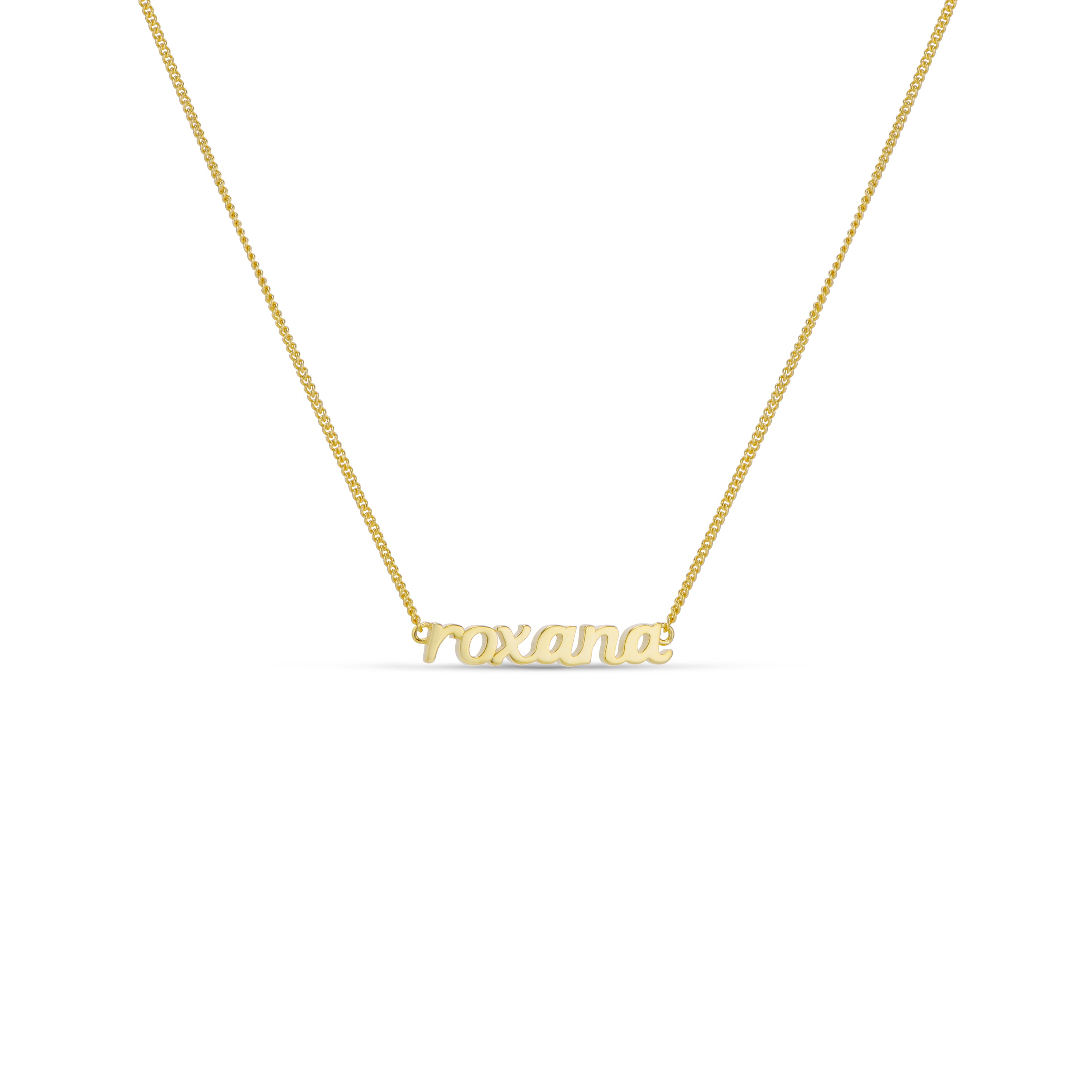 Gold Baby Script Nameplate on a 1mm Cuban chain, front view