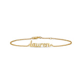 Gold Baby Script Nameplate bracelet with the name lauren
