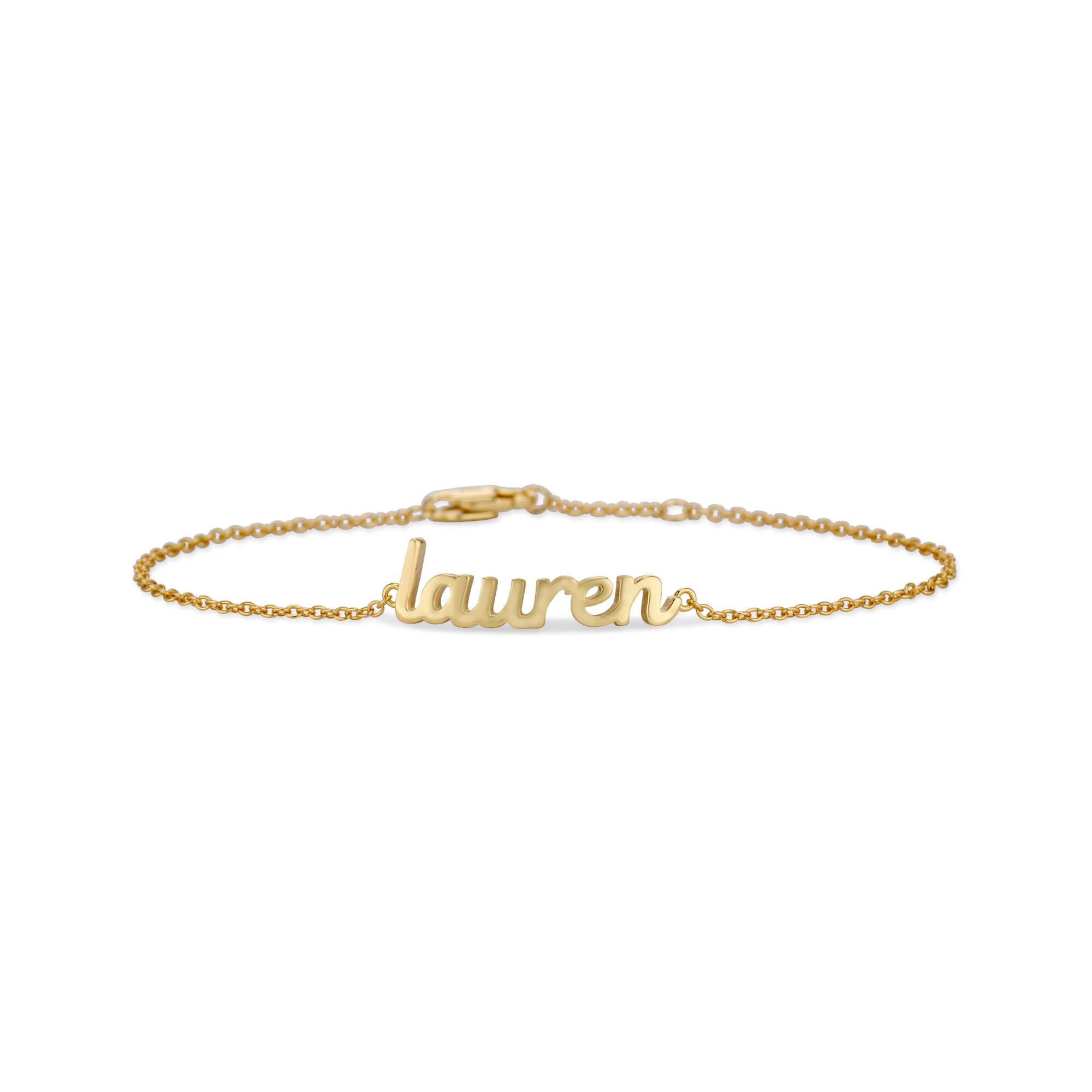 Gold Baby Script Nameplate bracelet with the name lauren