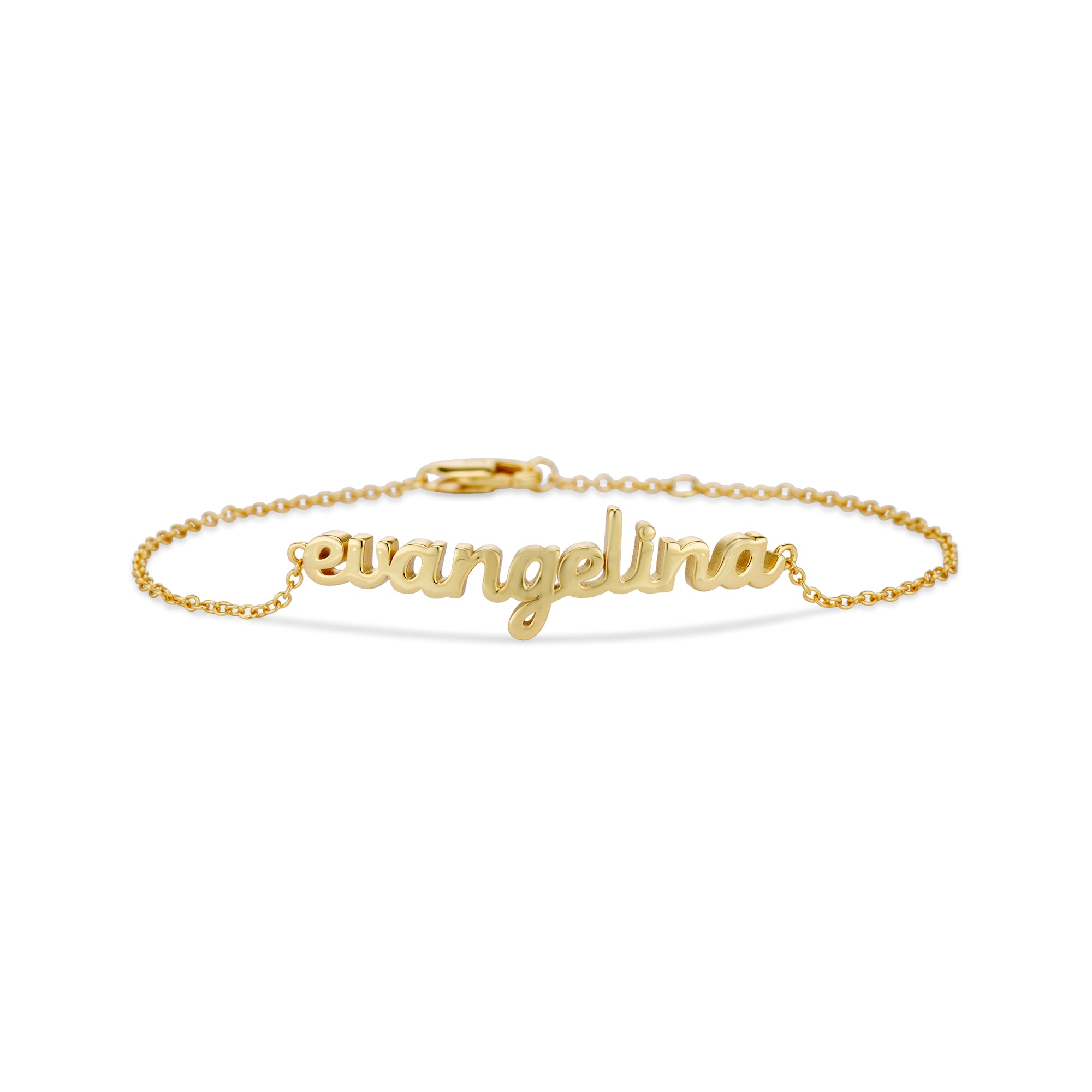 Baby Script Nameplate bracelet in gold with the name evangelina
