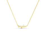 Baby Script Nameplate necklace in gold with the name taylor