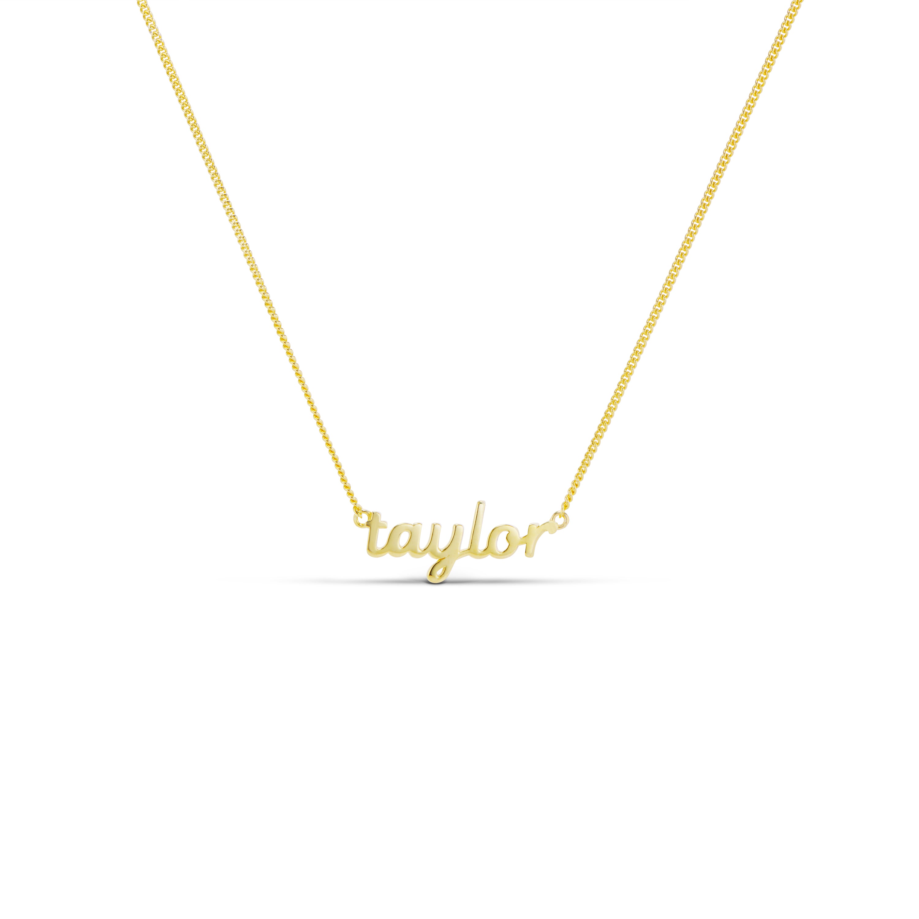 Baby Script Nameplate necklace in gold with the name taylor