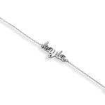 Close-up of a silver Baby Script Nameplate bracelet