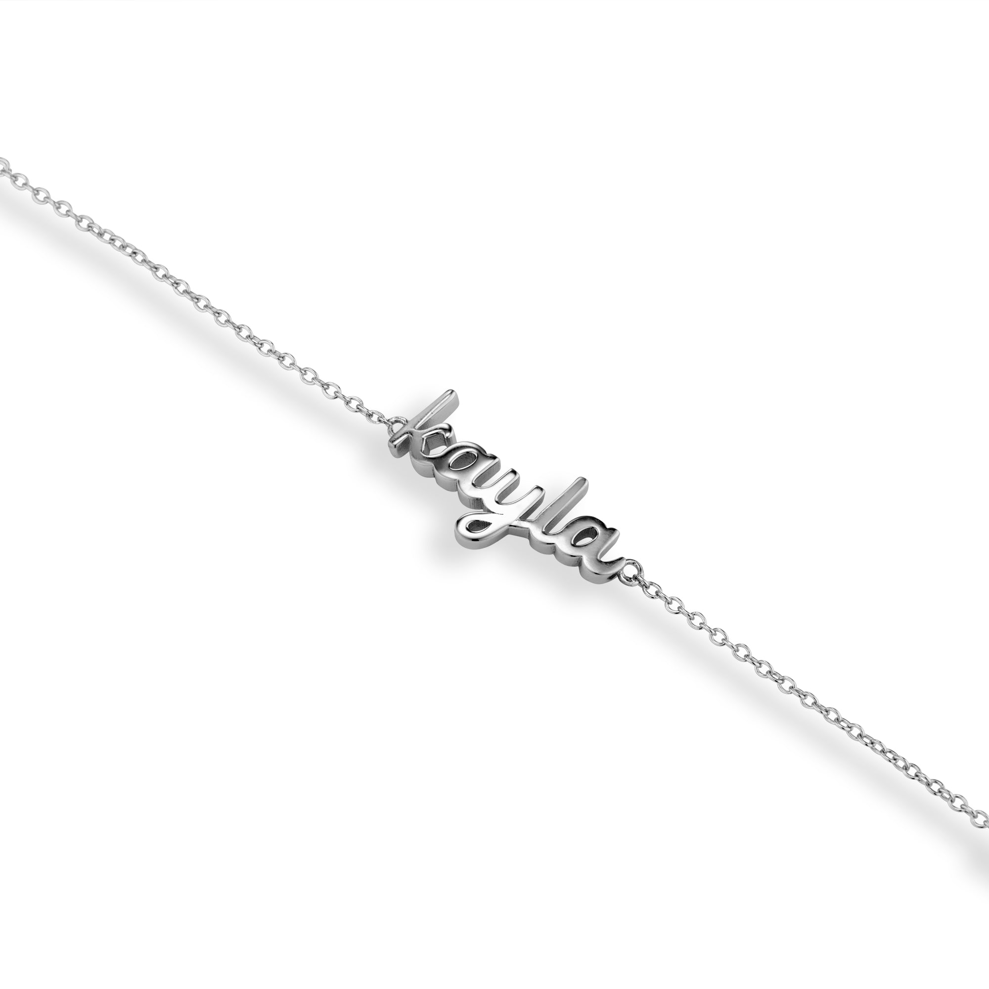 Close-up of a silver Baby Script Nameplate bracelet