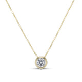 CZ Bezel Necklace, a round bezel-set CZ solitaire on a gold chain