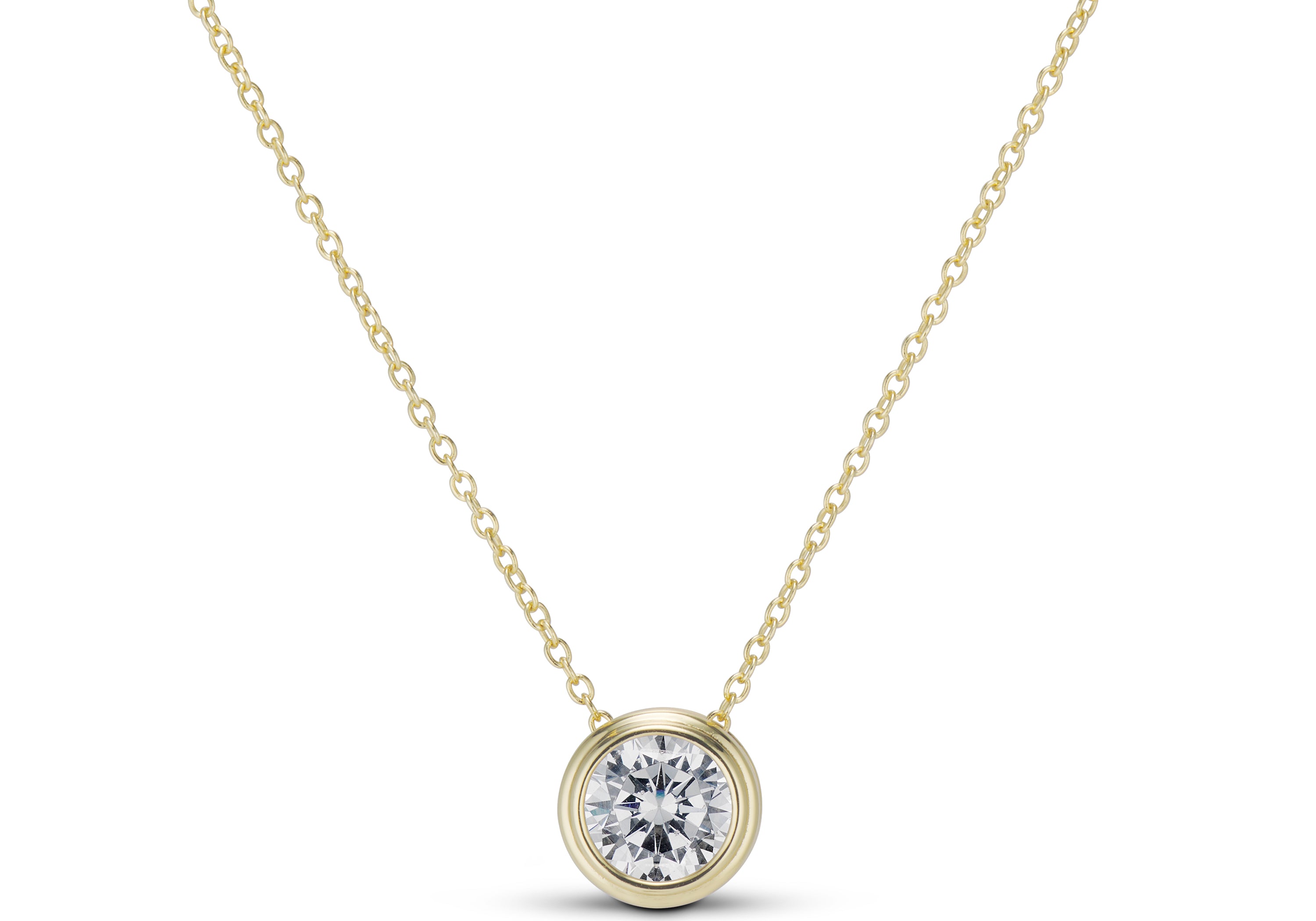 CZ Bezel Necklace, a round bezel-set CZ solitaire on a gold chain