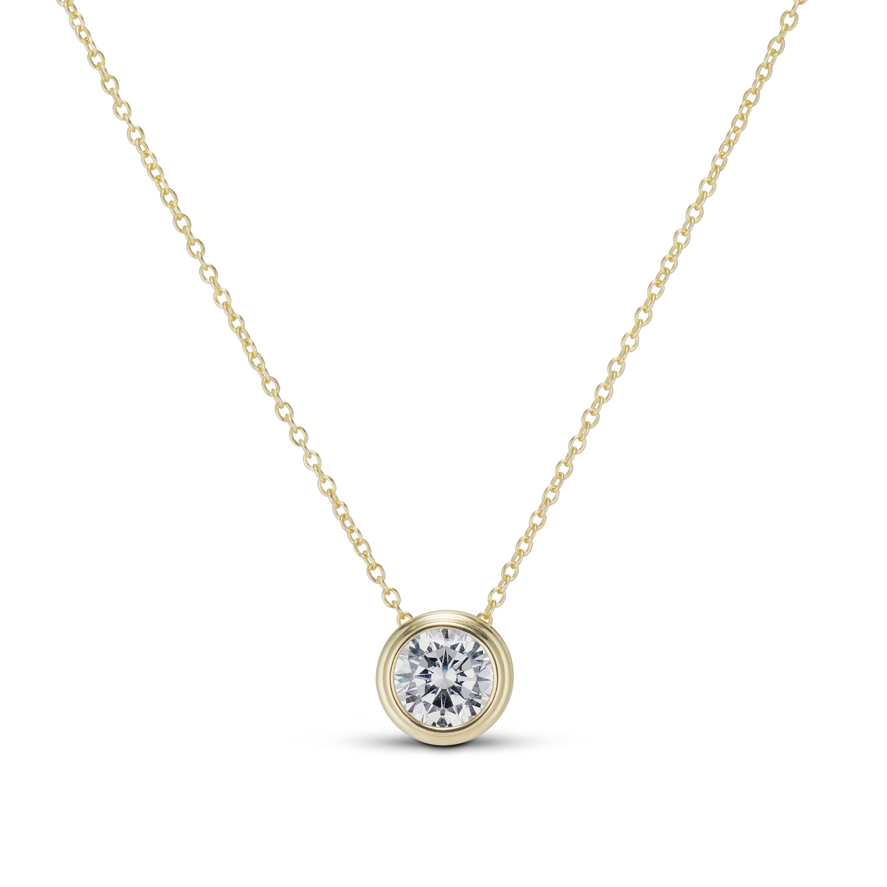 CZ Bezel Necklace in 14K gold plating, front view