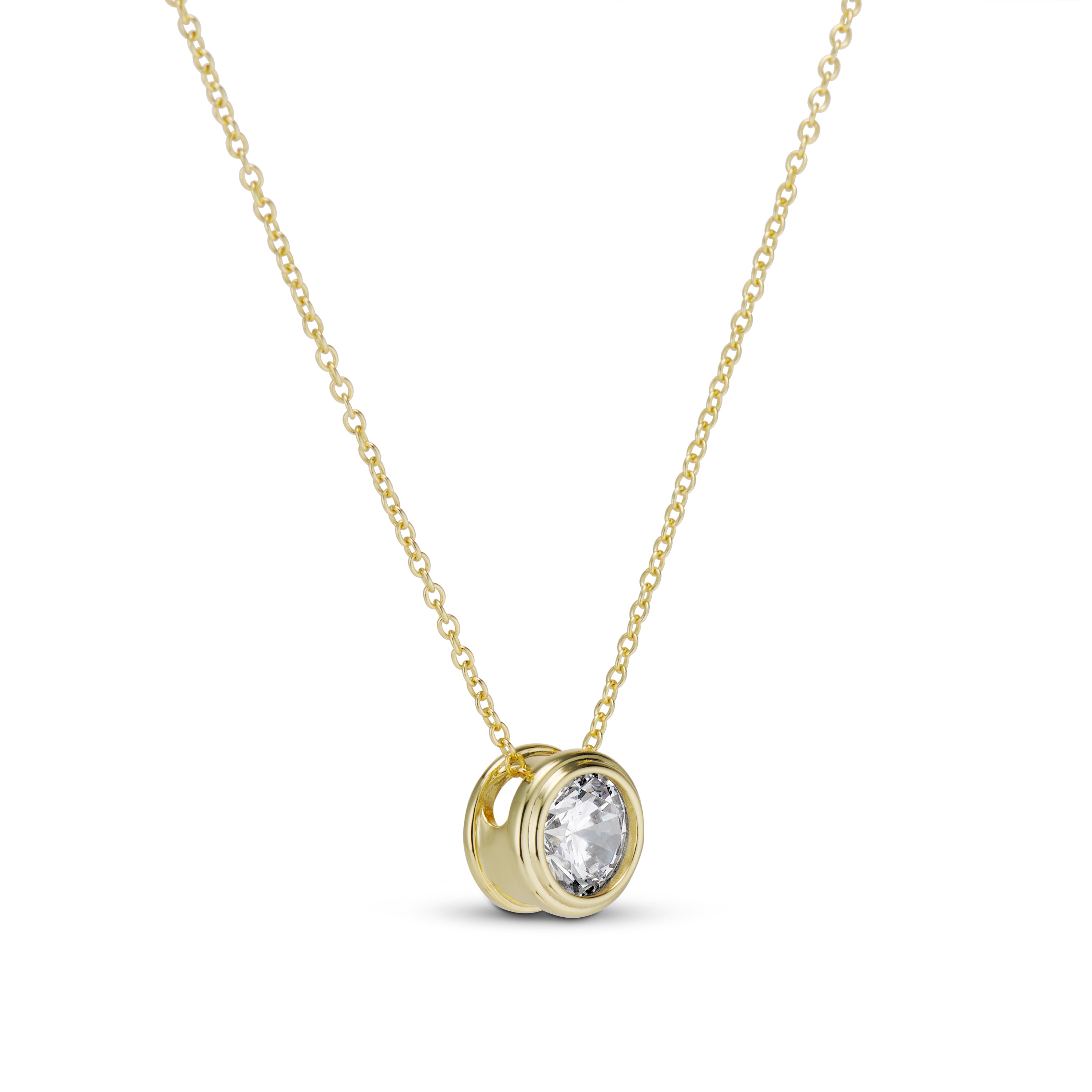 Side view of the gold CZ Bezel Necklace pendant