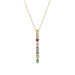 Birthstone Lariat Necklace in gold, multicolor CZ stones along the drop