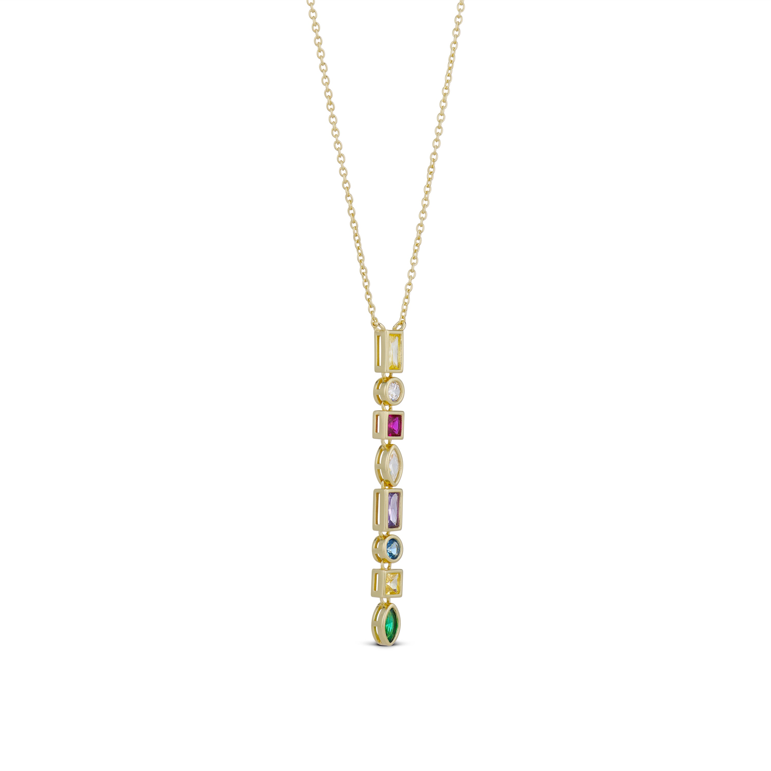 Birthstone Lariat Necklace in gold, colored CZ birthstone drop, side view