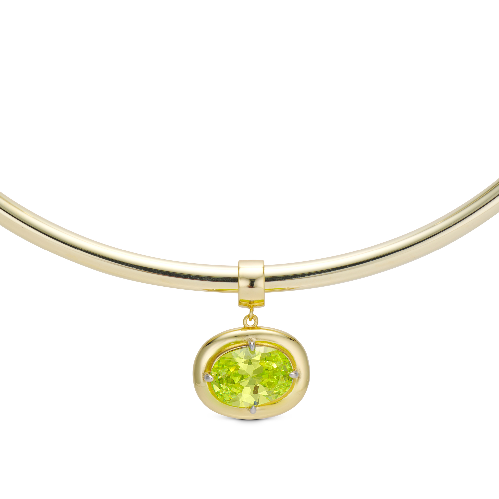 Birthstone Necklace with a light green birthstone pendant on a gold cuff necklace