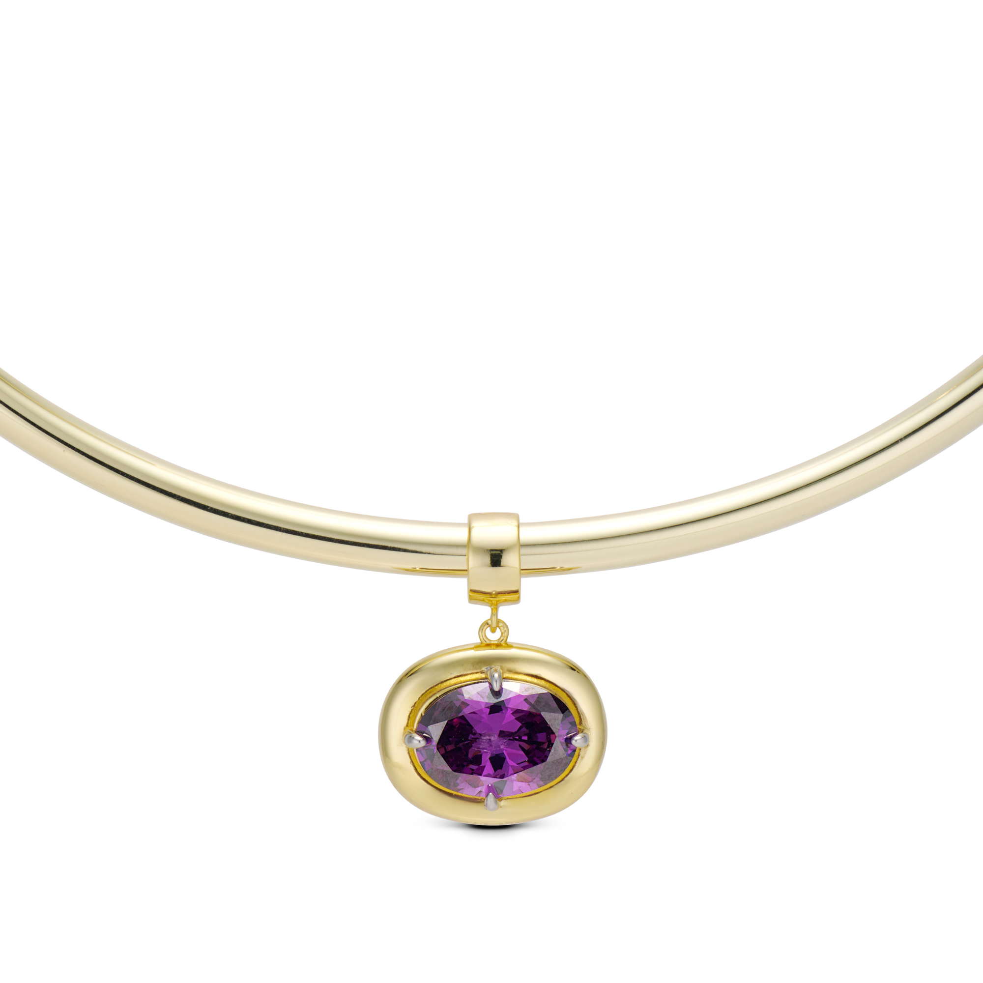 Birthstone Necklace with a purple birthstone pendant on a gold cuff necklace