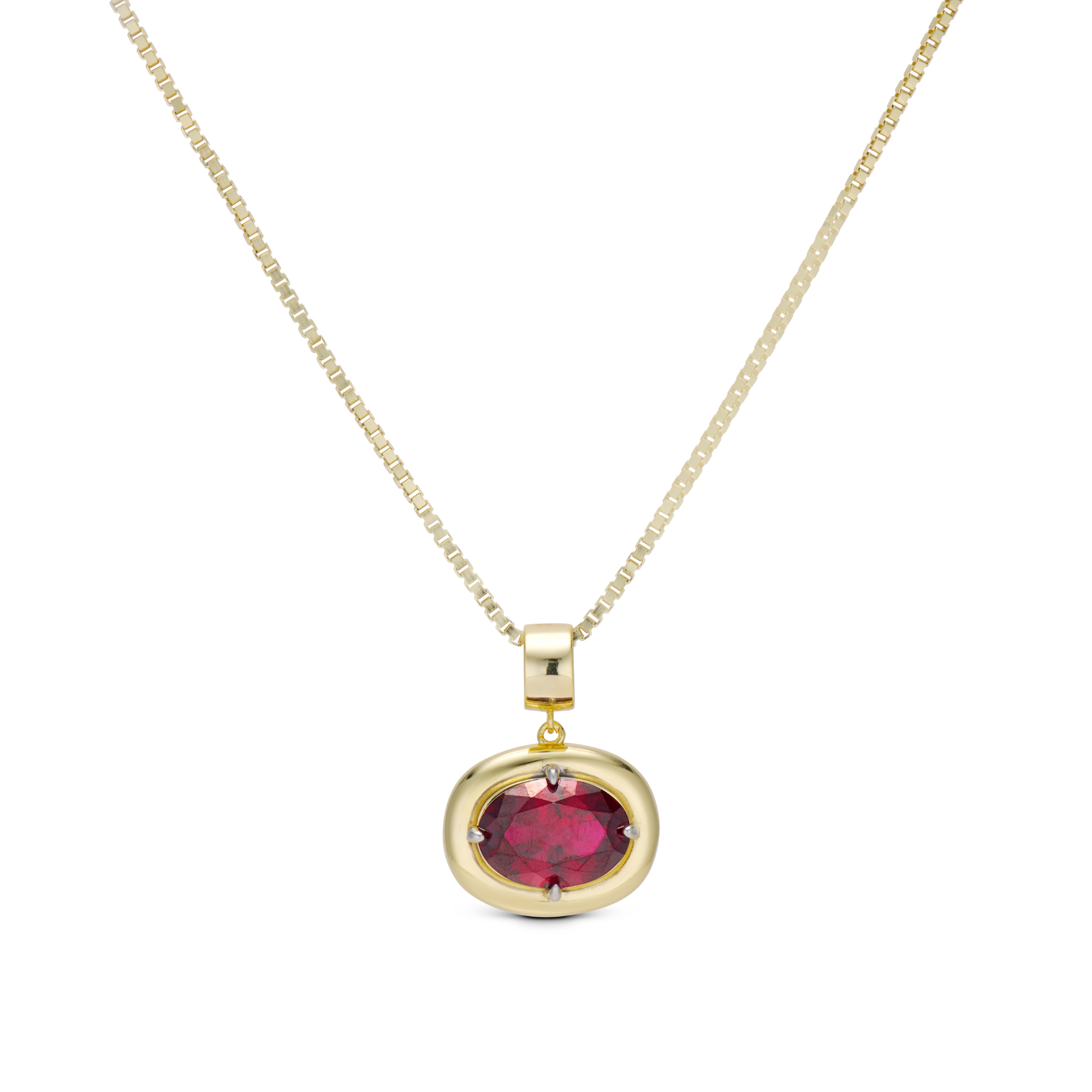 Birthstone Necklace with a pink-red birthstone pendant on a gold box chain