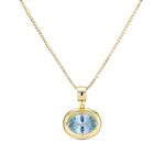 Birthstone Necklace with a light blue birthstone pendant on a gold box chain