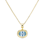 Birthstone Necklace with a light blue birthstone pendant on a gold box chain