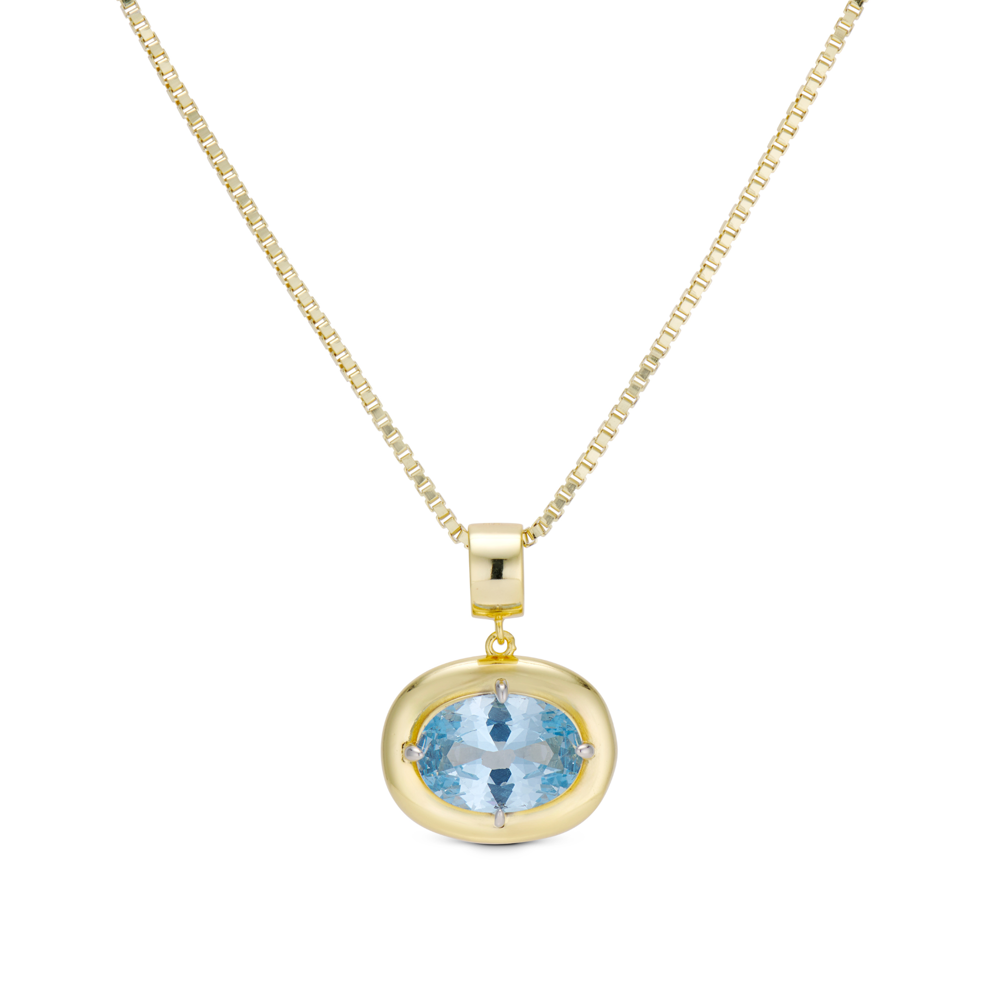 Birthstone Necklace with a light blue birthstone pendant on a gold box chain