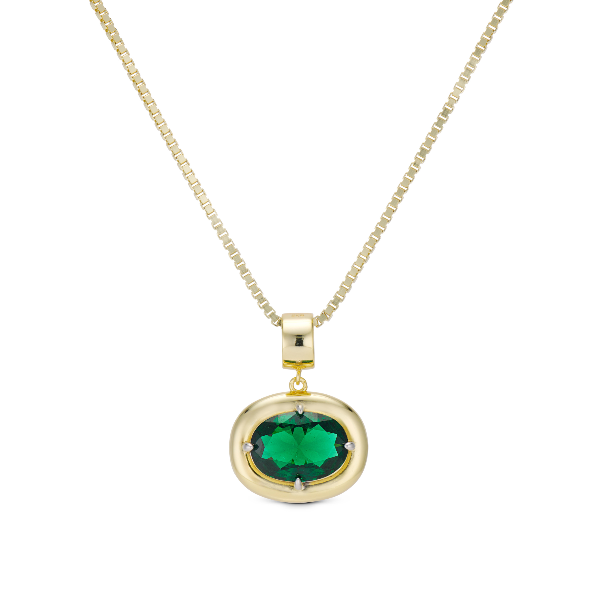 Birthstone Necklace with a green birthstone pendant on a gold box chain