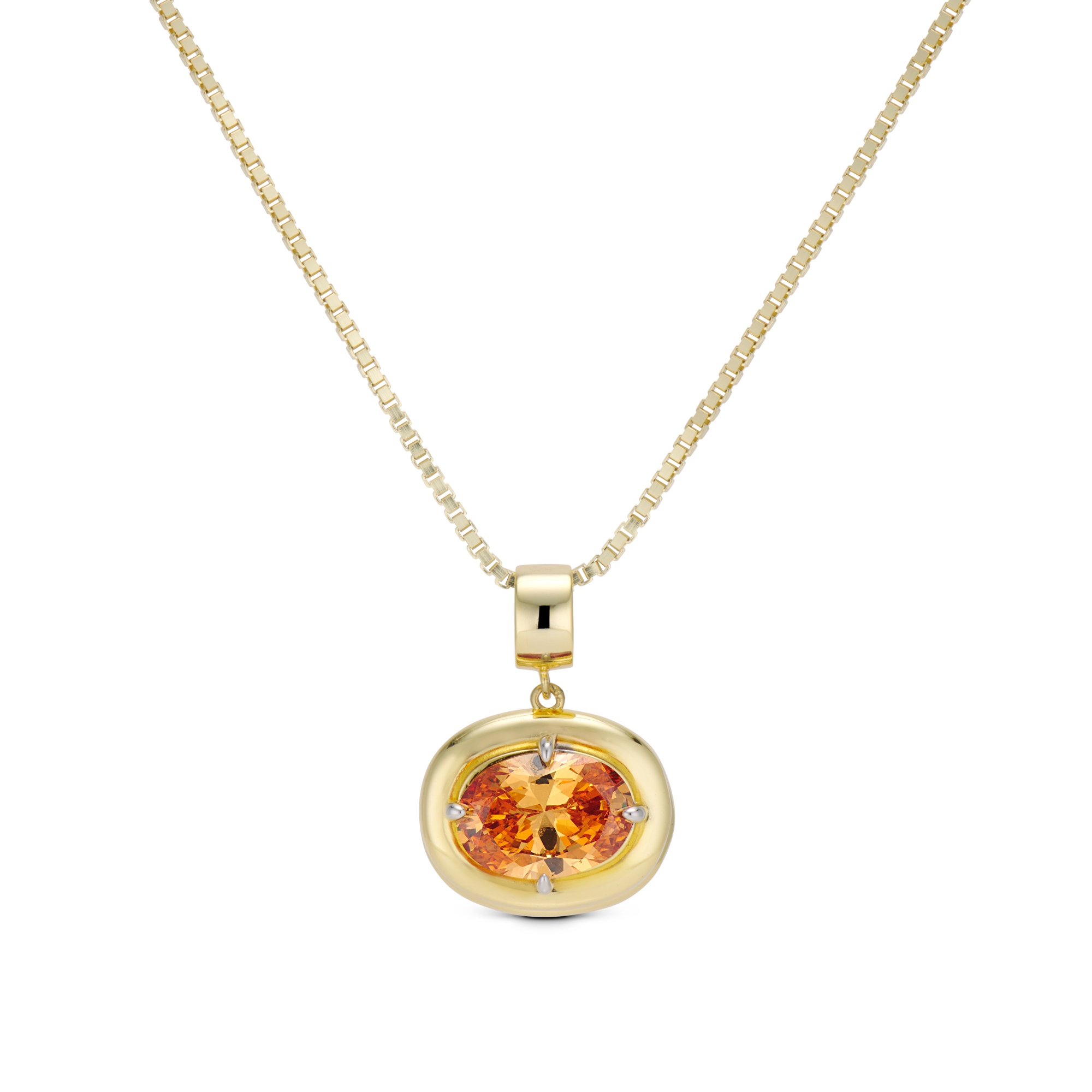 Birthstone Necklace with a yellow-orange birthstone pendant on a gold box chain