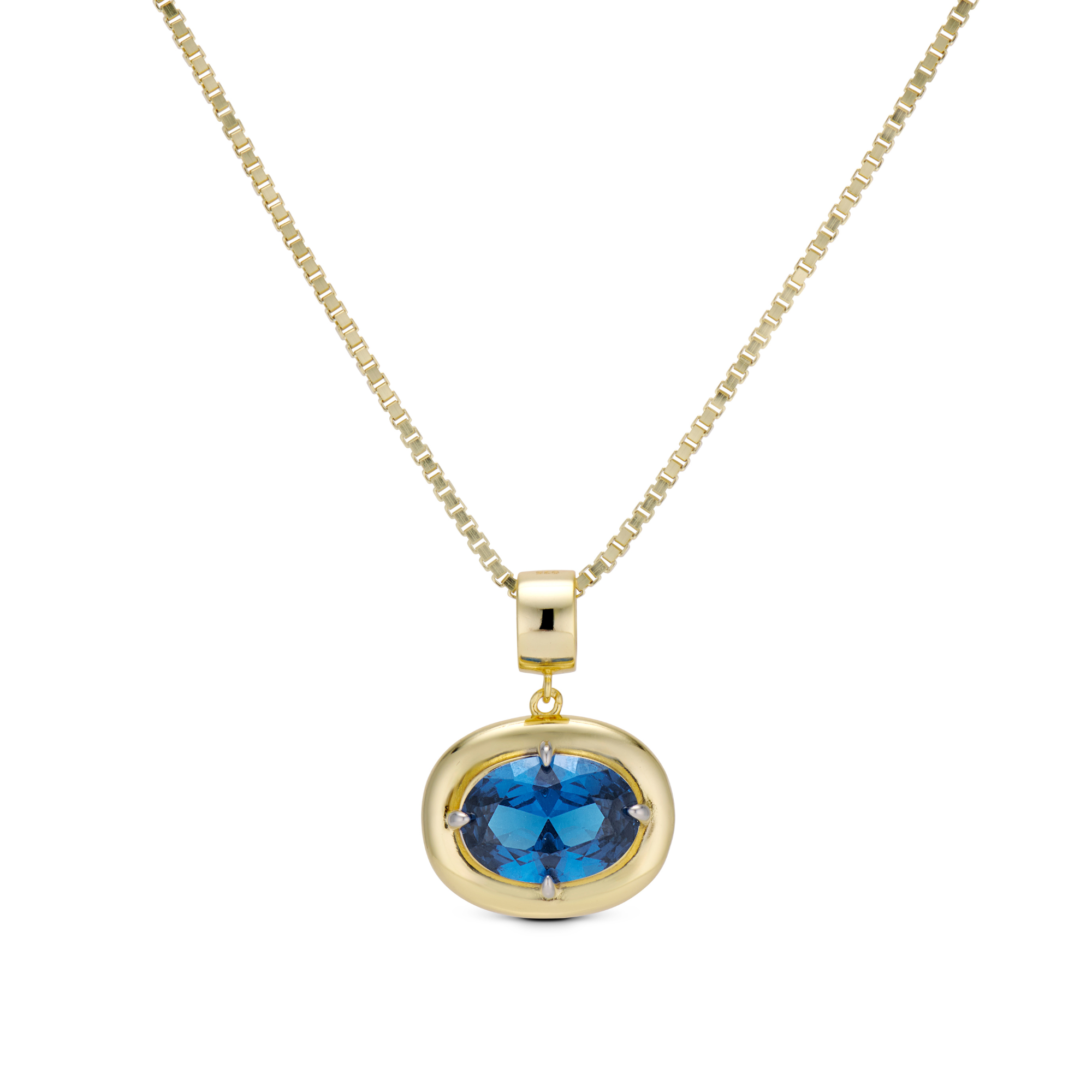 Birthstone Necklace with a blue birthstone pendant on a gold box chain