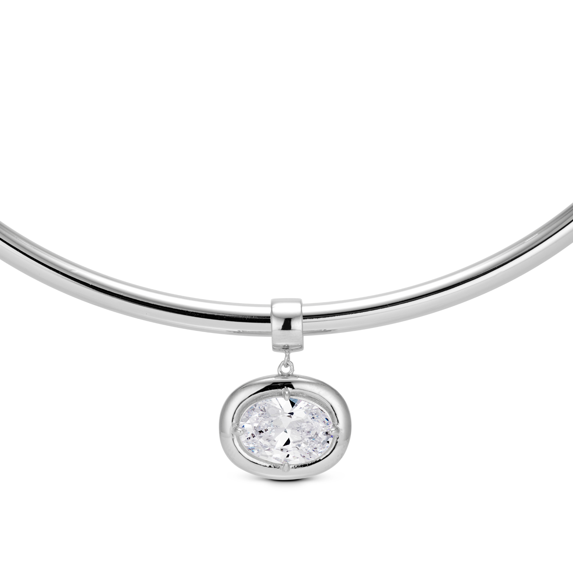 Birthstone Necklace in silver, clear birthstone pendant on a silver cuff necklace
