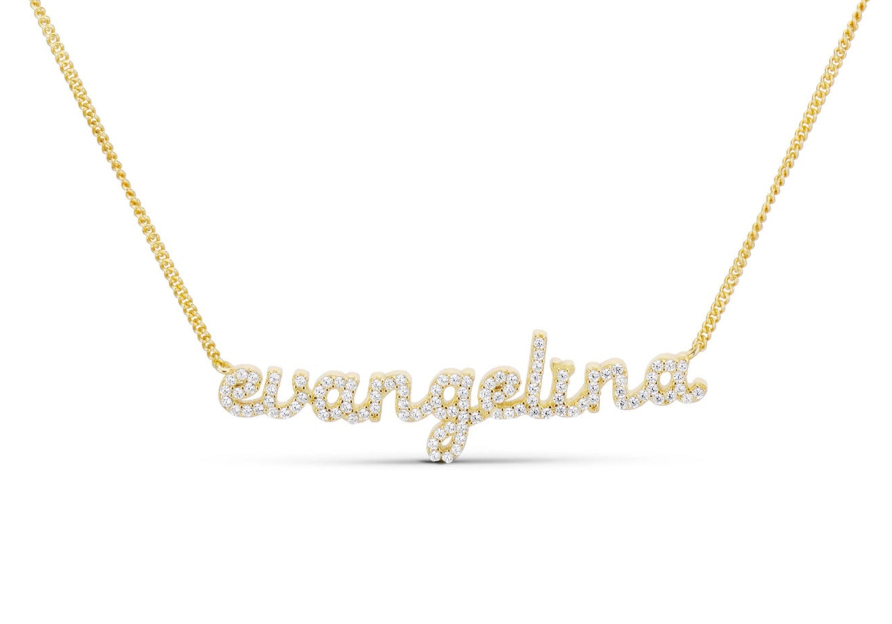 CZ Baby Script Nameplate necklace with the name evangelina in lowercase CZ script