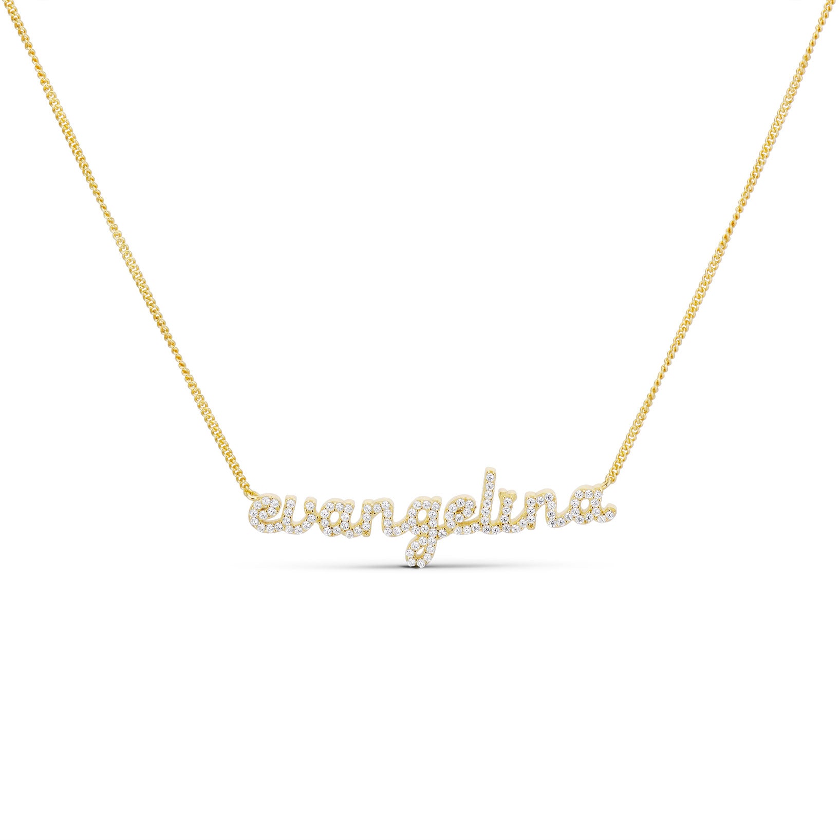 Gold CZ Baby Script Nameplate in 14K gold plating on a 1mm Cuban chain