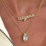 CZ Baby Script Nameplate in tatyana layered with a CZ Teardrop Necklace