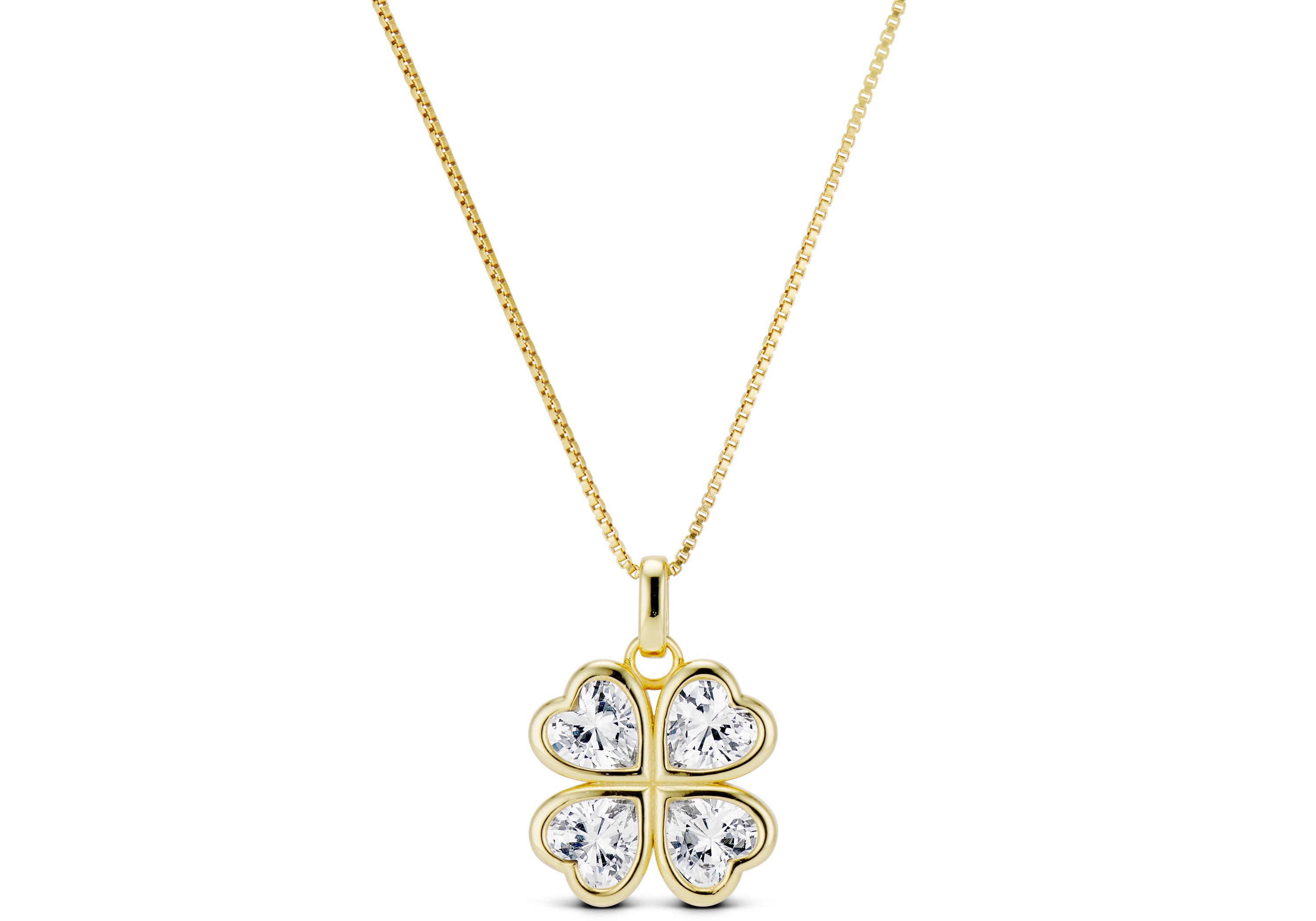 CZ Lucky 4 Me Necklace, a four-leaf clover of heart-shaped CZ stones on a gold chain