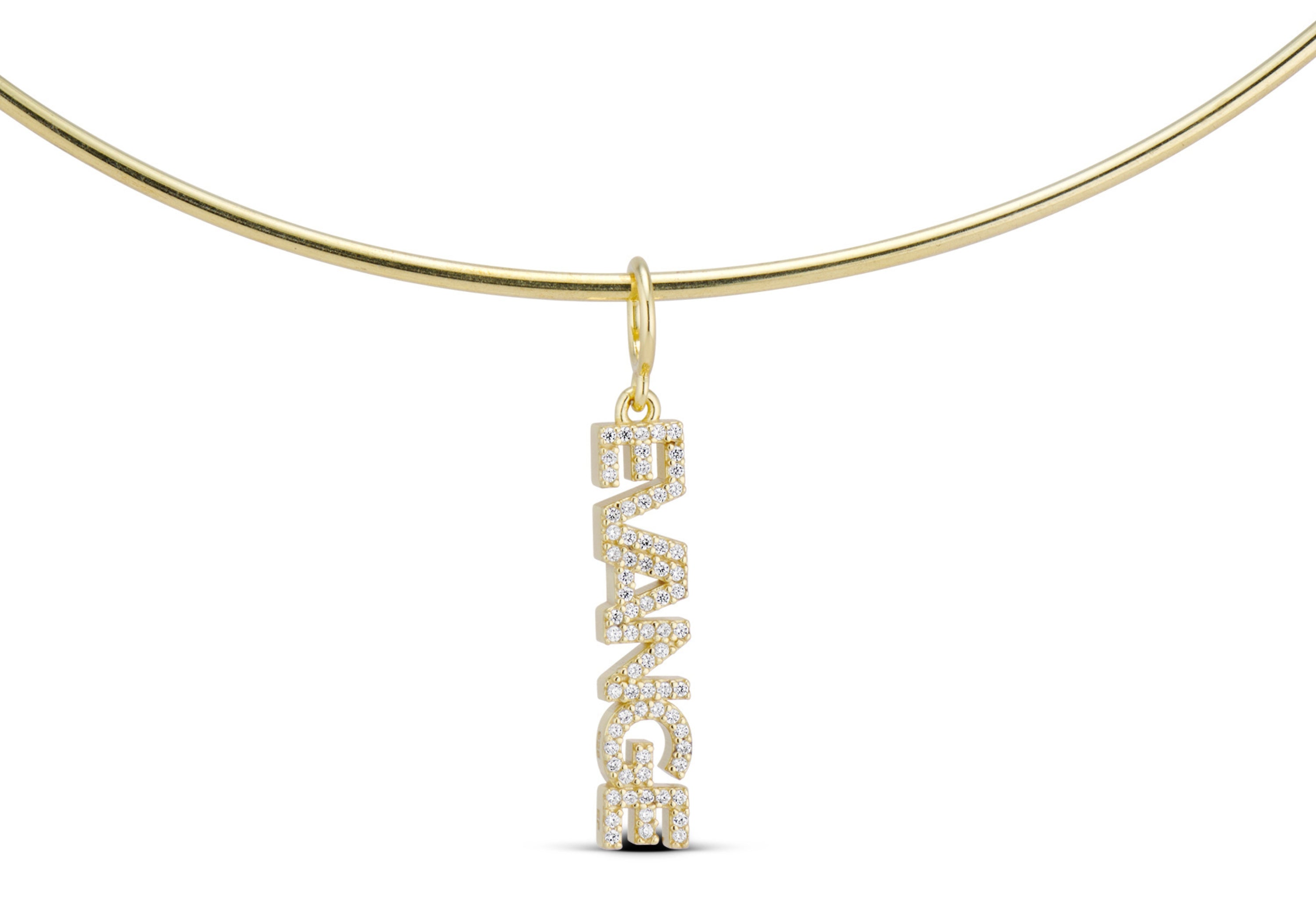 CZ Nameplate Cuff Charm on a gold cuff