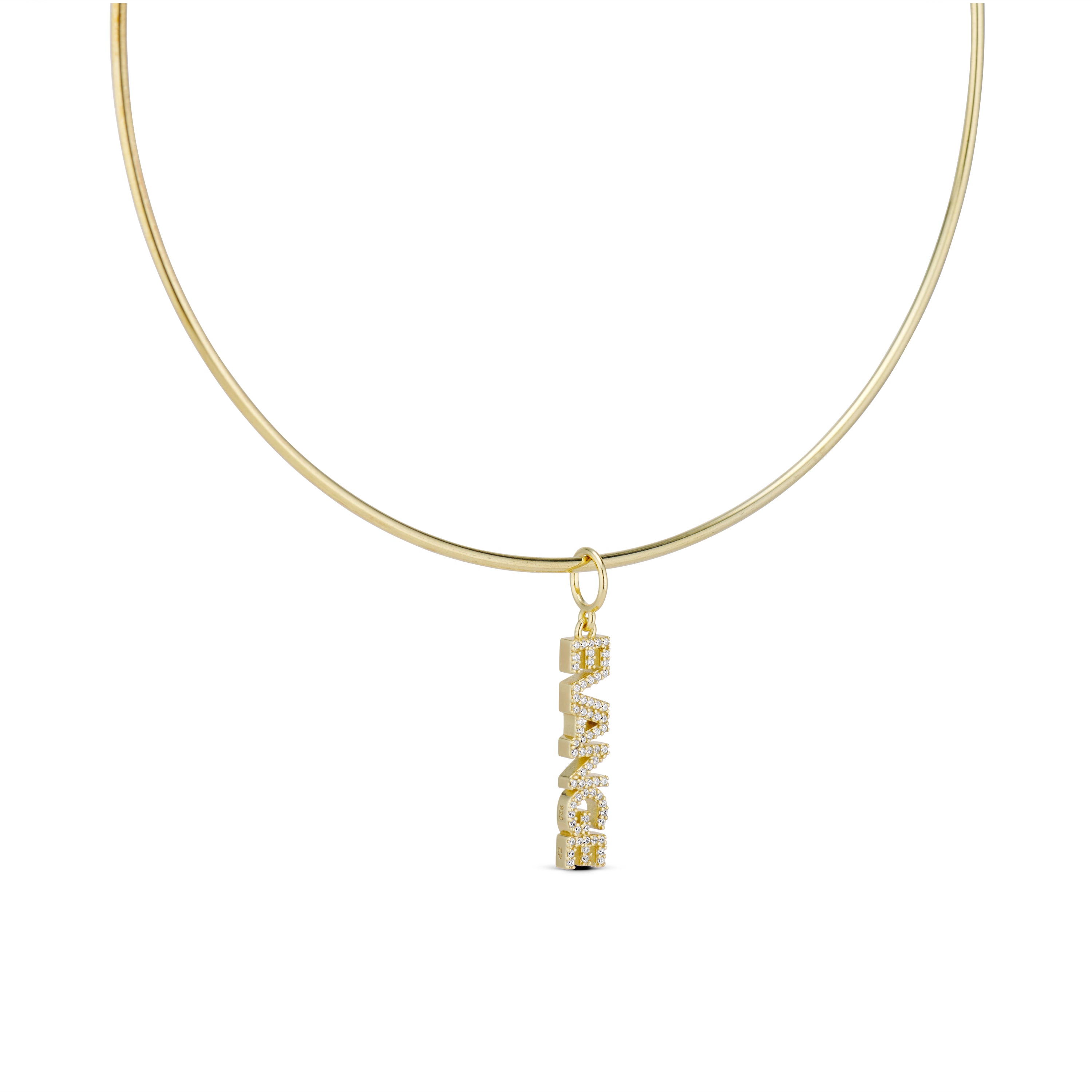 CZ Nameplate Cuff Charm on a cuff, angled view