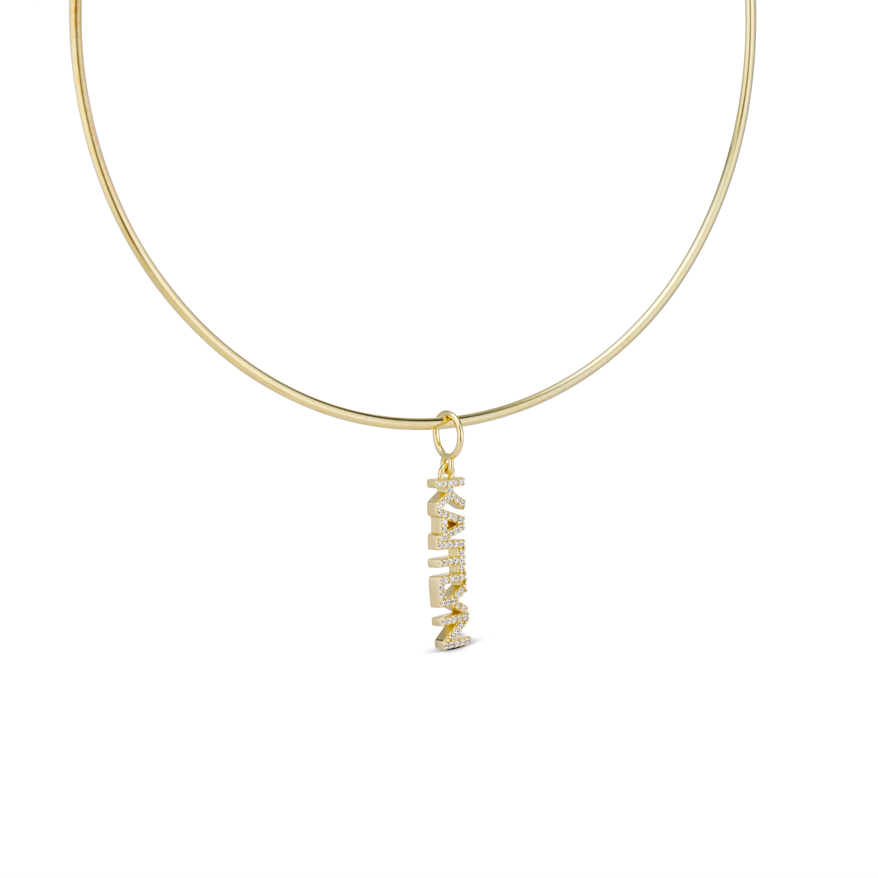 CZ Nameplate Cuff Charm on a gold cuff, side view