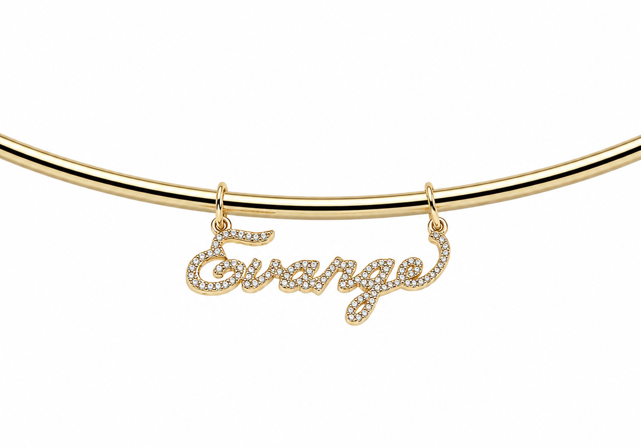 CZ Signature Script Nameplate Charm spelling Evange on a gold cuff