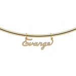 CZ Signature Script Nameplate Charm on a cuff, angled view