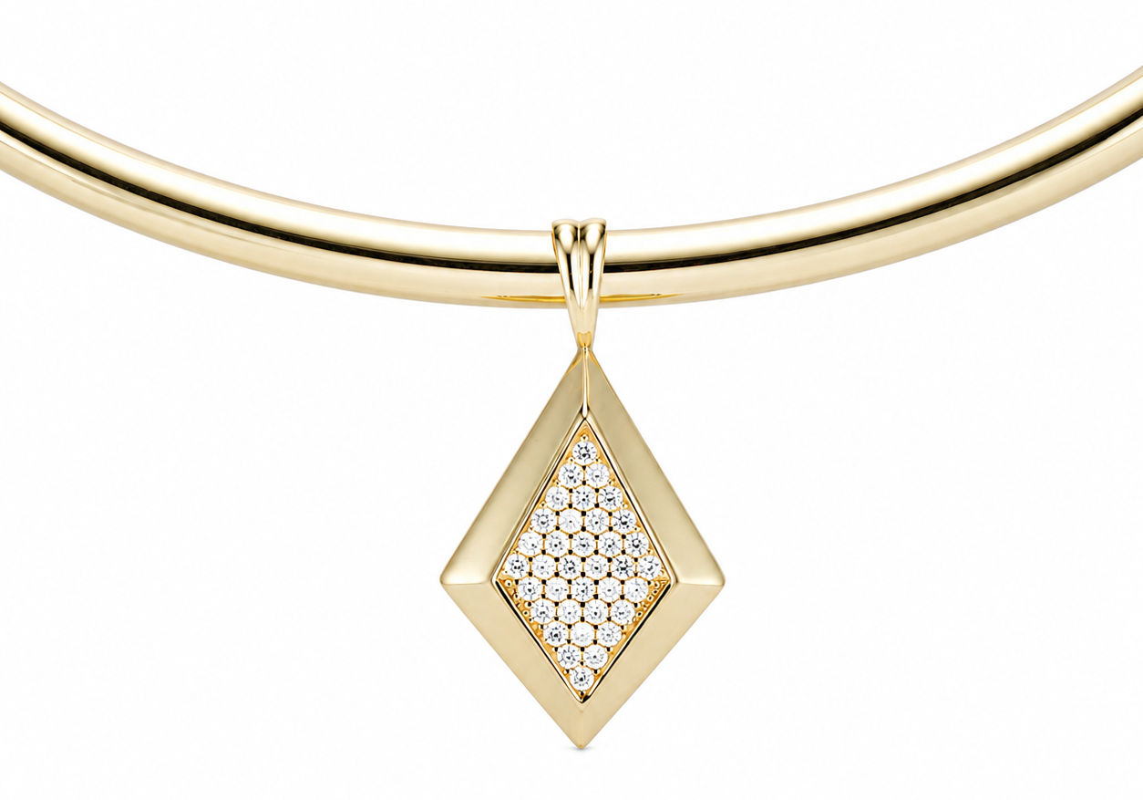 CZ Taylor Necklace, a pave CZ diamond-shape pendant on a gold cuff necklace