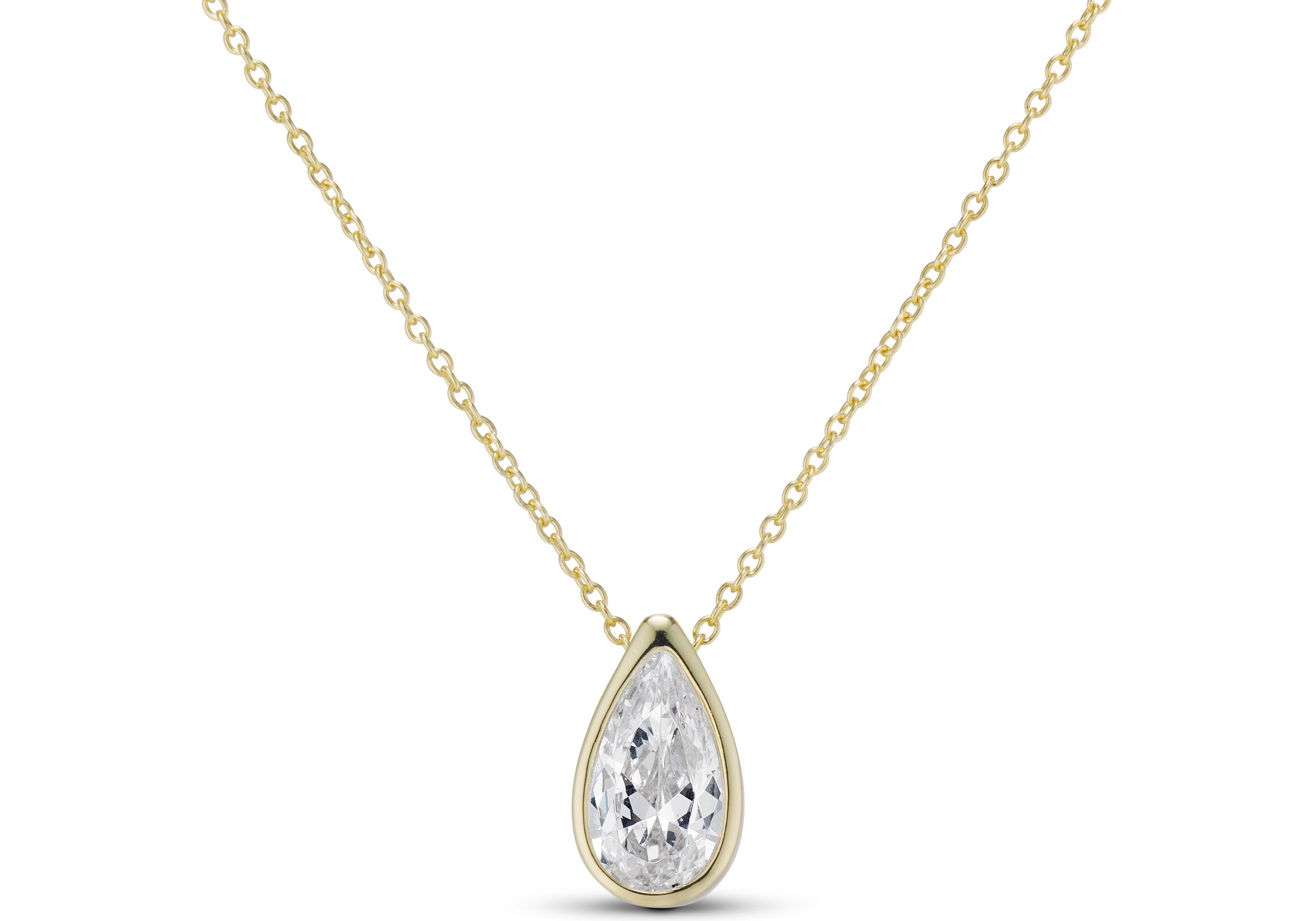 CZ Teardrop Necklace, a bezel-set pear CZ pendant on a gold chain