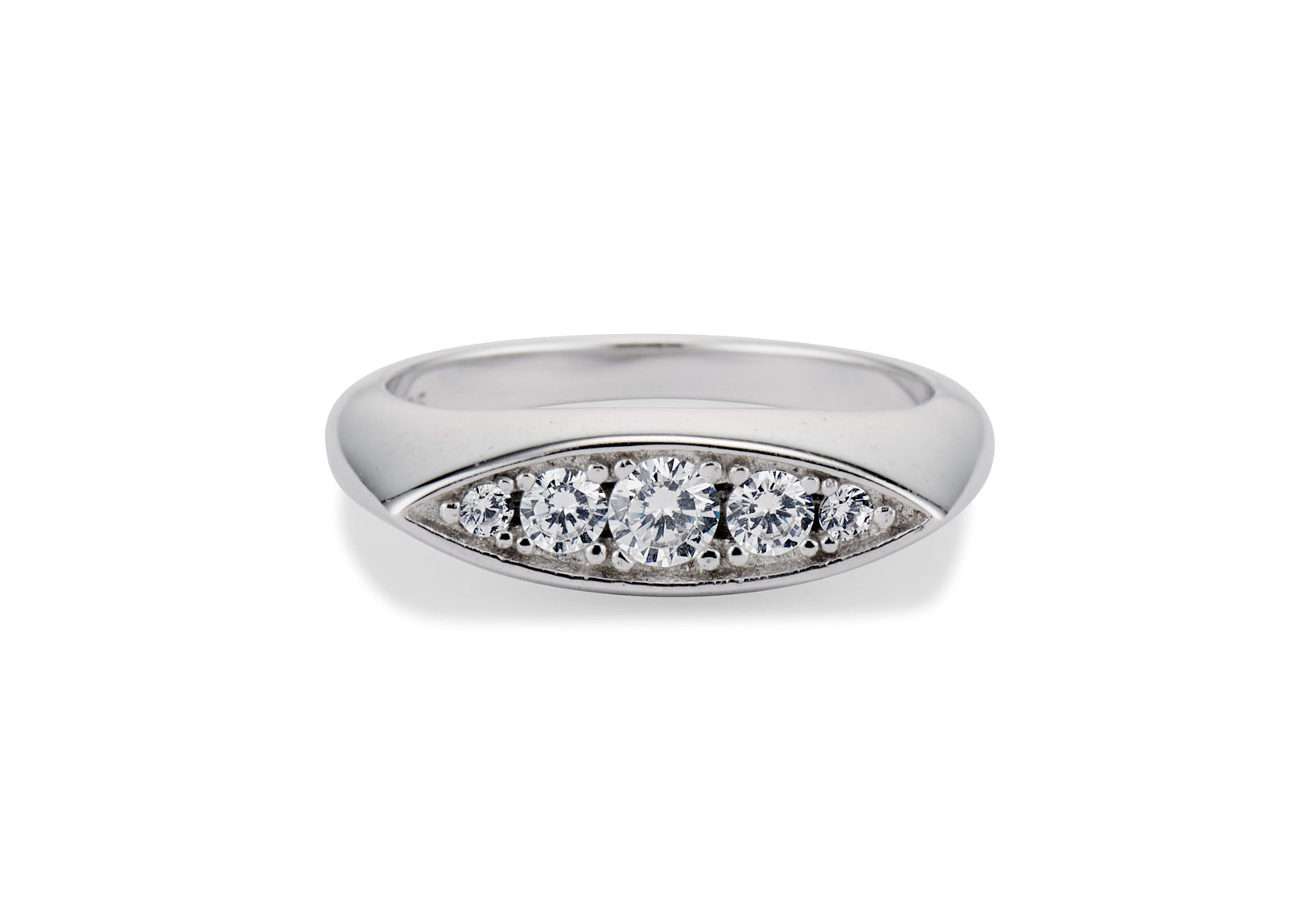 Cinco Pinky Ring, a silver signet-style band with five CZ stones across the center