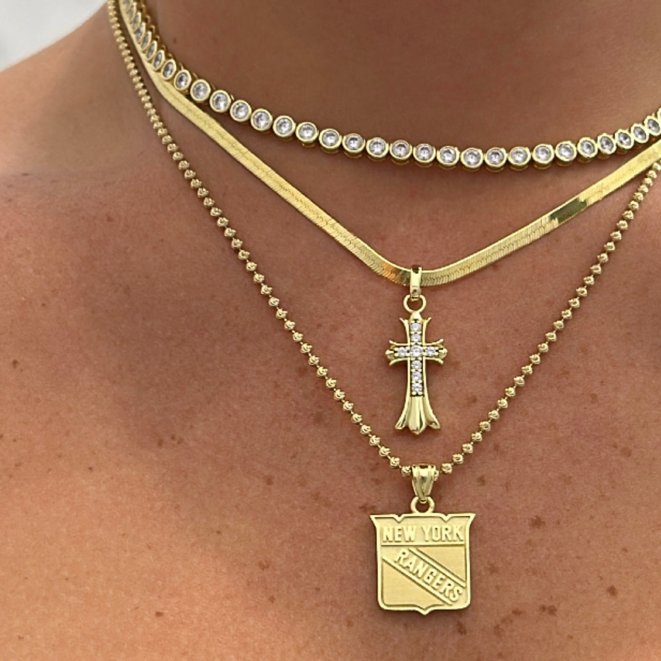 Classic NY Rangers Necklace layered with a tennis necklace and cross necklace
