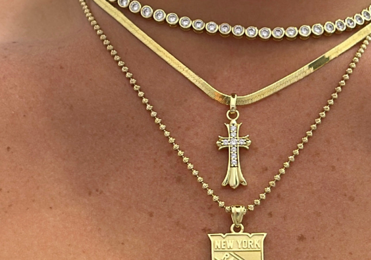 Classic NY Rangers Necklace layered with a tennis necklace and cross necklace