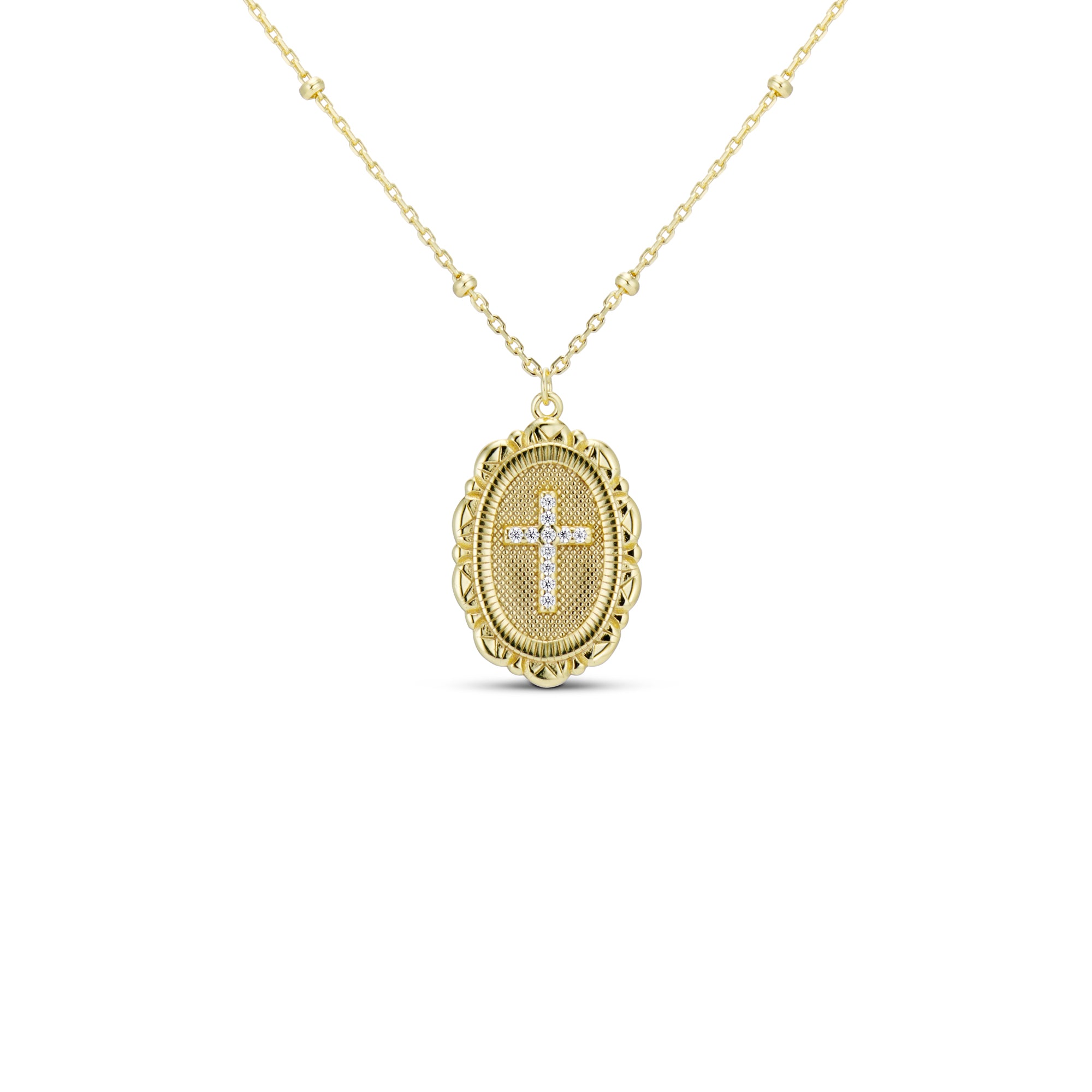 Cross Pendant Necklace in 14K gold plating with pave accents, front view