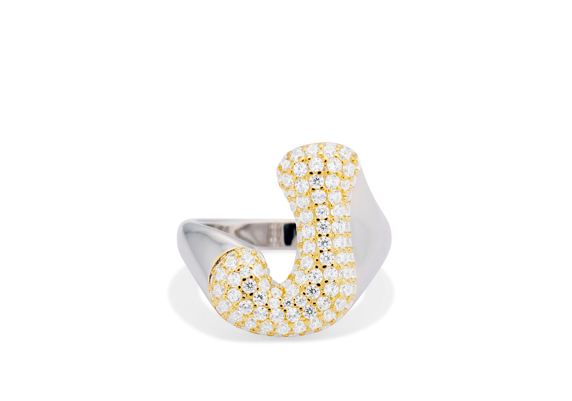 Iced Jumbo Letter Ring with a gold CZ letter J on a silver band