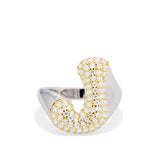 Iced Jumbo Letter Ring with a gold CZ letter J on a silver band