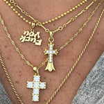 Gold Dainty Chains layered with CZ cross and script pendants
