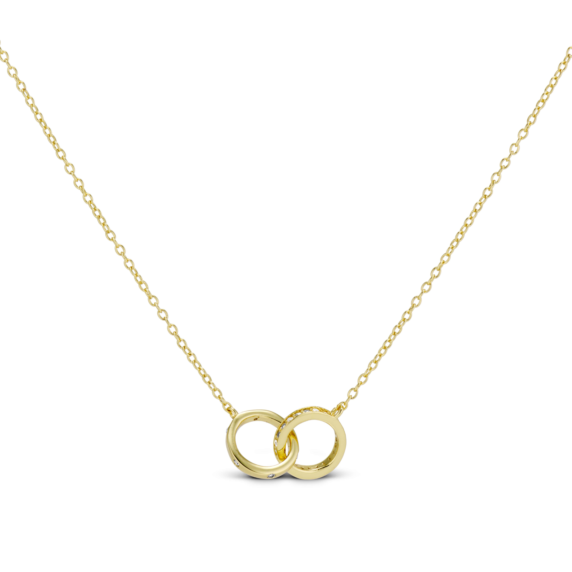 Double Amore Necklace in gold, linked circle pendant, front view