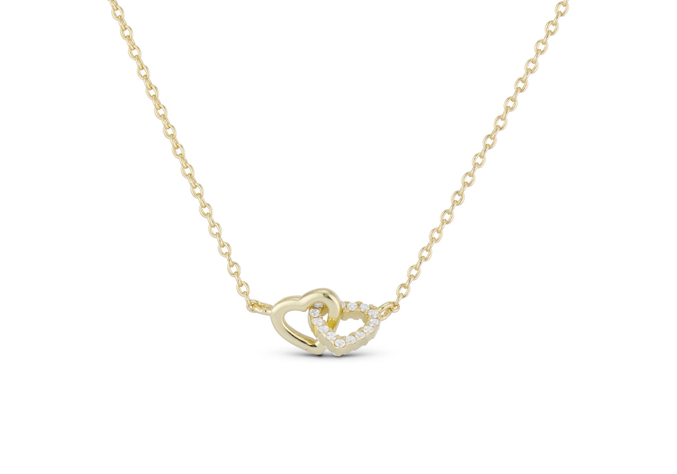 Double Hearts Necklace, two linked CZ hearts on a fine gold chain