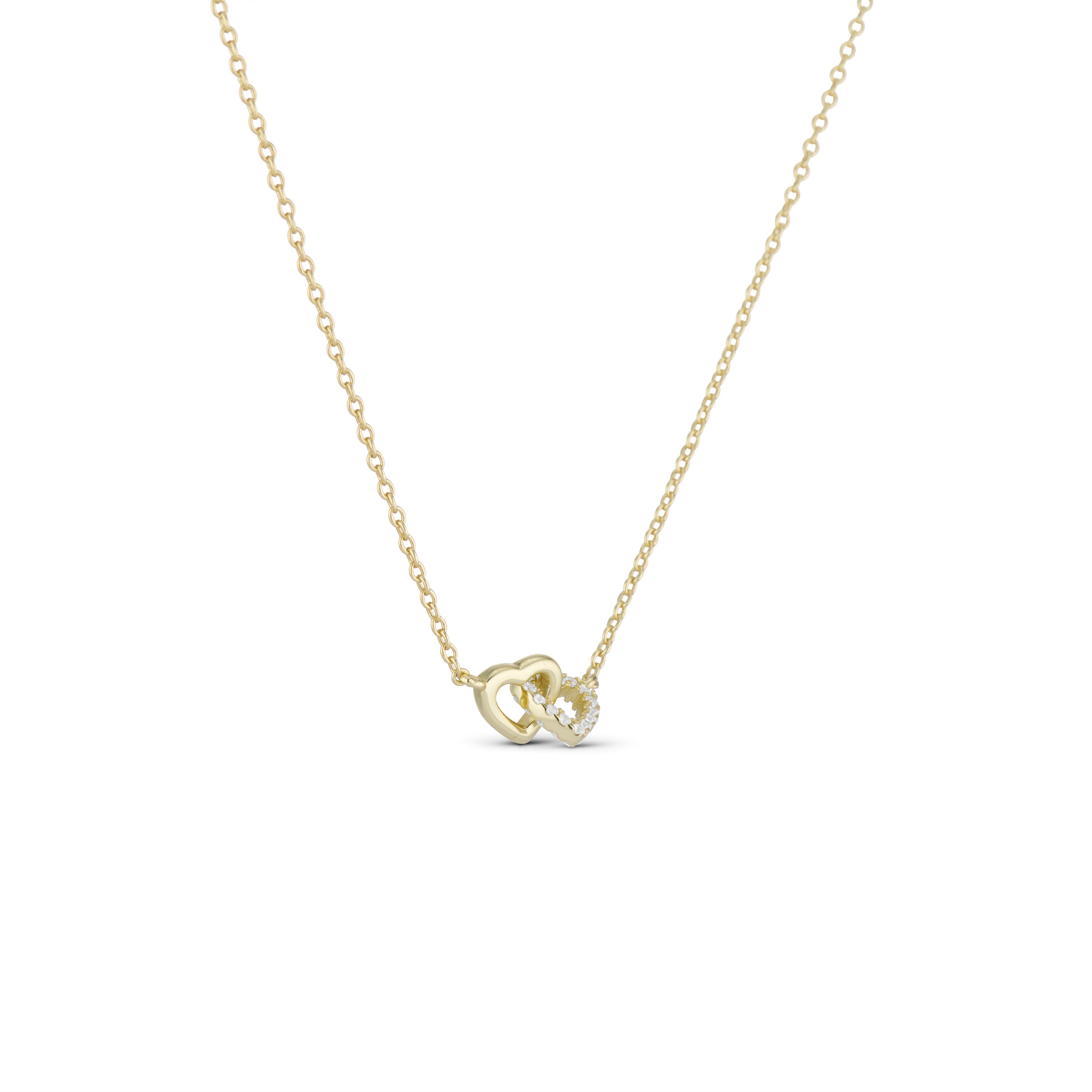 Double Hearts Necklace with two interlocking CZ hearts, front view