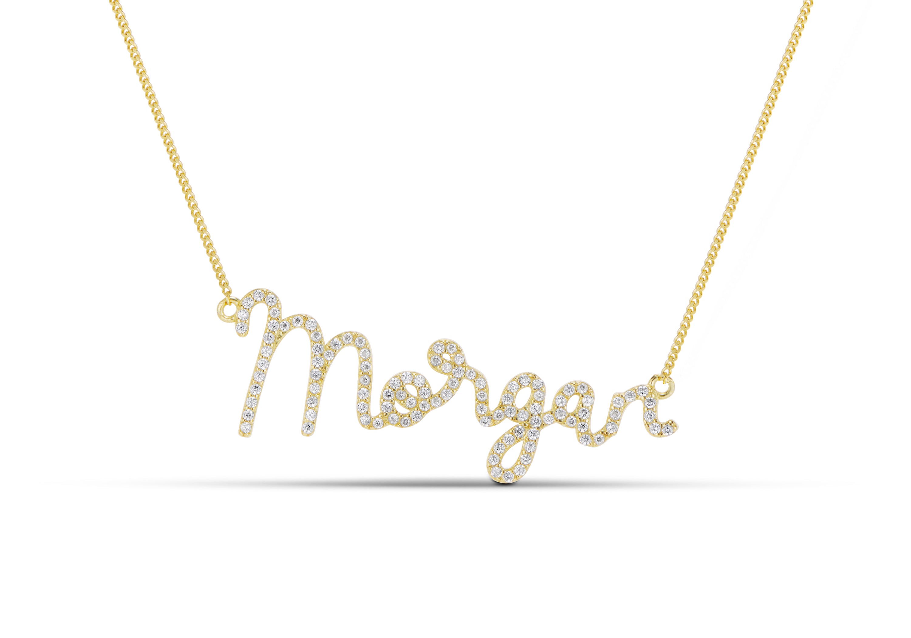 Dreamy Script Nameplate necklace in gold with the CZ name Morgan
