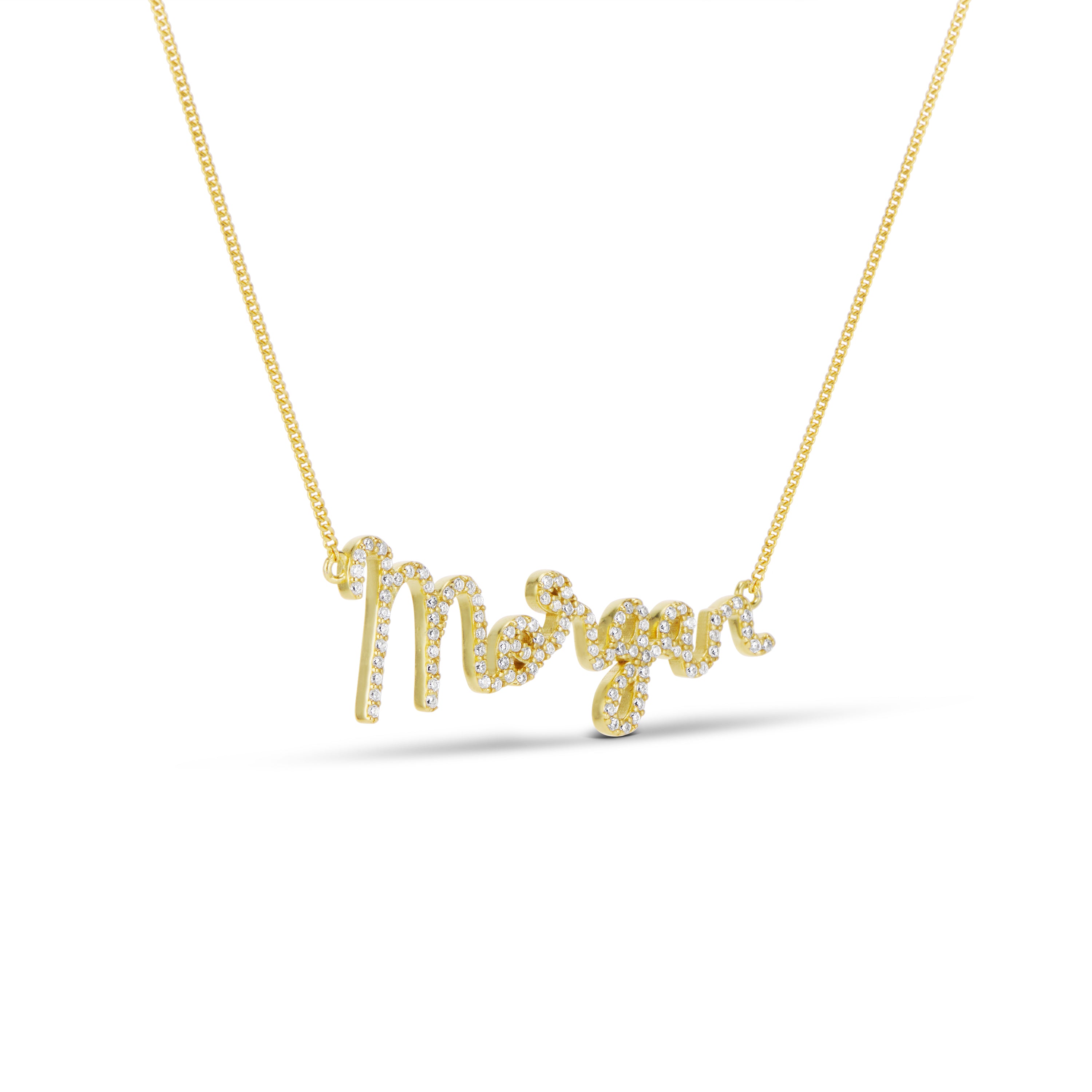 Dreamy Script Nameplate in gold with CZ script letters, side view