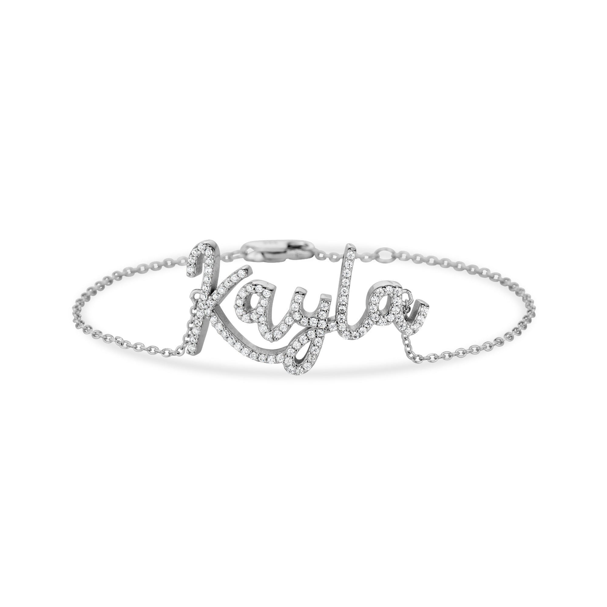 Dreamy Script Nameplate bracelet in silver with the CZ name Kayla